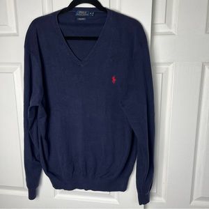 Polo Ralph Lauren Sweater Mens XL Navy Blue Pima V Neck Pullover Red Pony